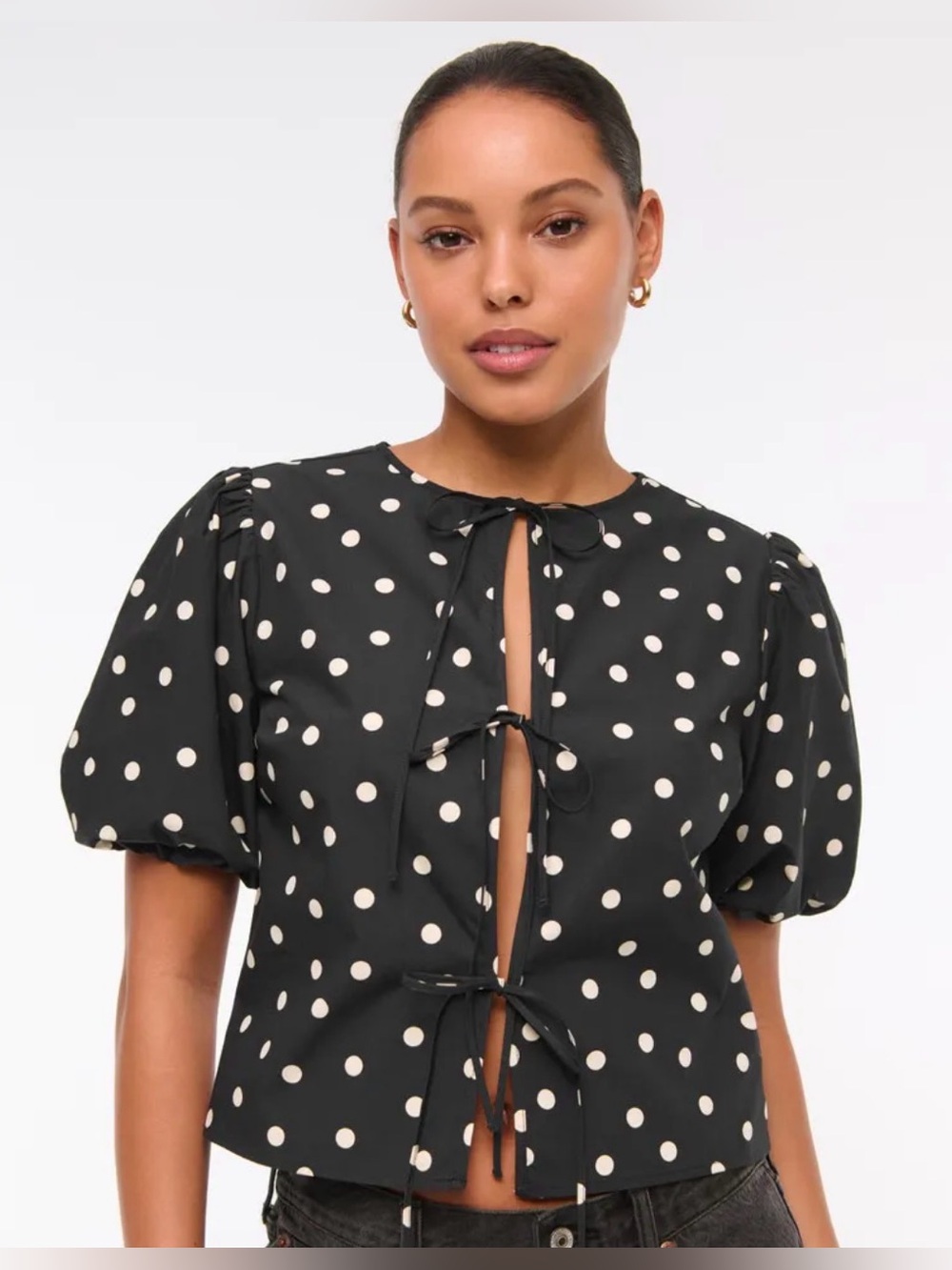 Abercrombie & Fitch Polka Dot Tie-Front Puff Sleeve Top Black/White L